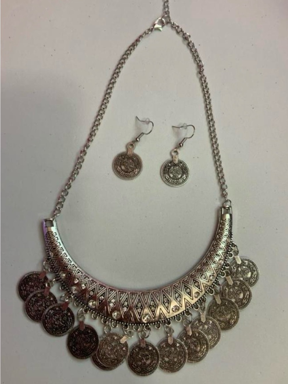 Silver Coin Chandelier Necklace & Earring Set (Z-10)